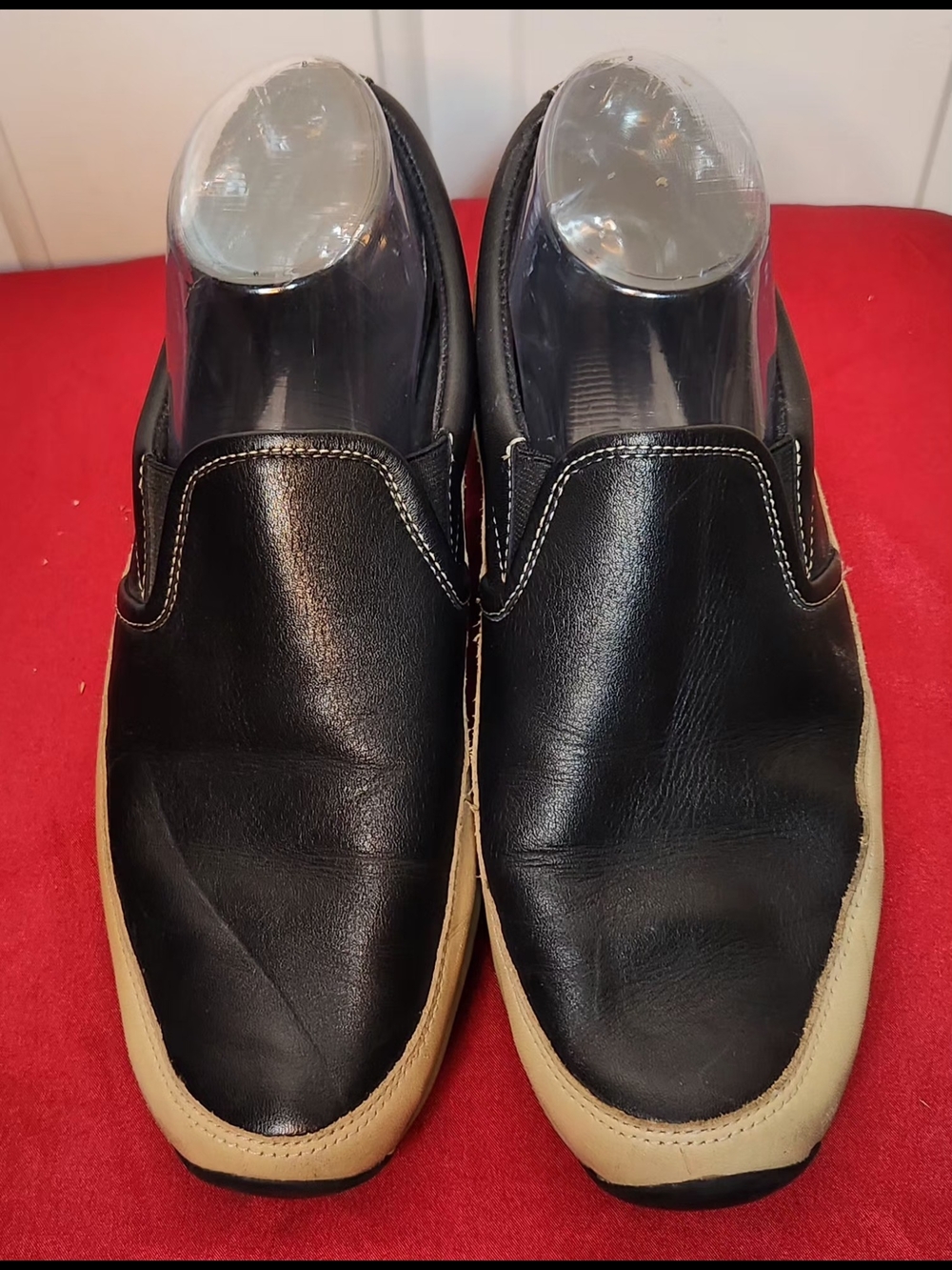 Anne Klein Black Leather Slip-On Loafers with Cream Trim Size 8.5